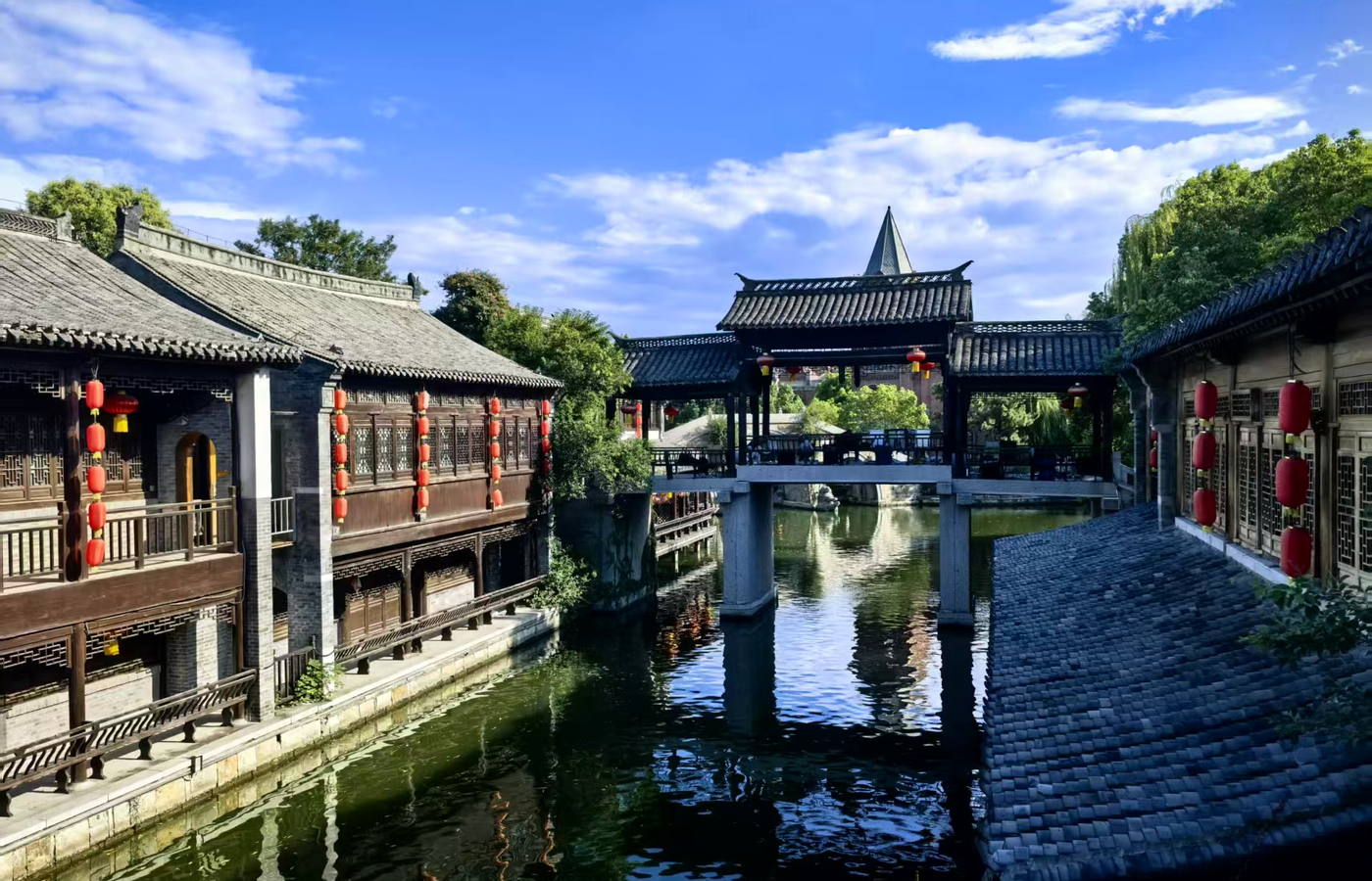 台儿庄古城水巷与远处城楼